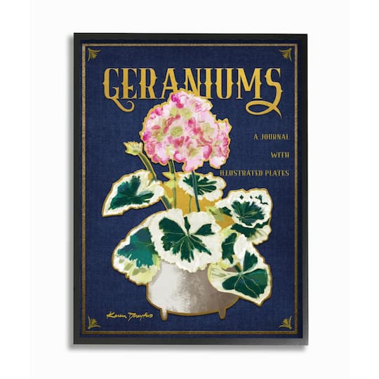 Stupell Industries Geraniums Blue Gold Flower Word Design in Frame Wall Art